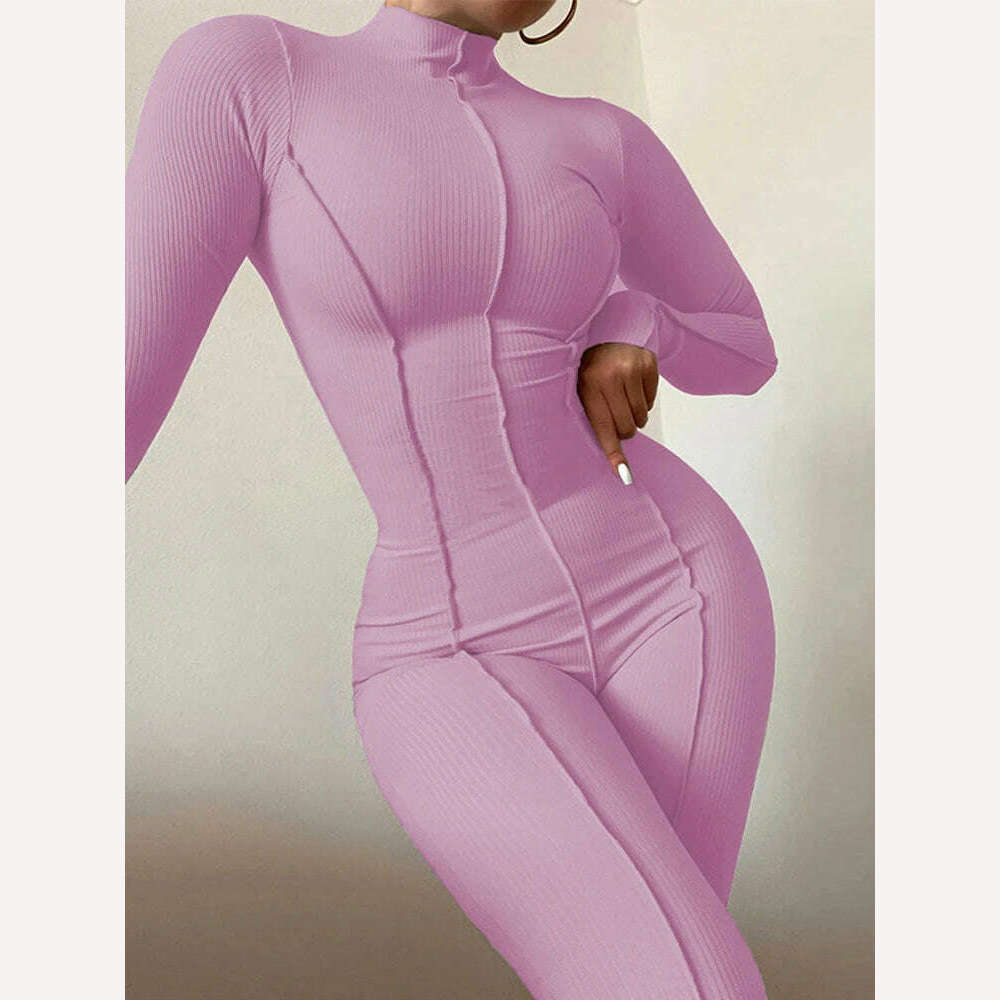 KIMLUD, Women Fall Bright Line Decoration Black Jumpsuit Women One Piece Sexy Club Outfit For Women Long Sleeve White Bodycon Jumpsuits, Pink Jumpsuit / S / China, KIMLUD APPAREL - Womens Clothes