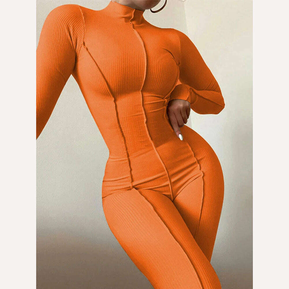 KIMLUD, Women Fall Bright Line Decoration Black Jumpsuit Women One Piece Sexy Club Outfit For Women Long Sleeve White Bodycon Jumpsuits, Orange Jumpsuit / S / China, KIMLUD APPAREL - Womens Clothes