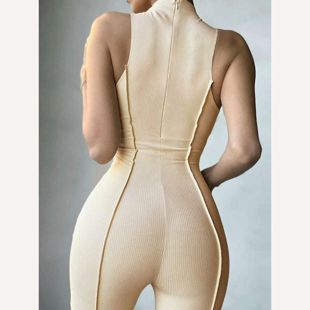 KIMLUD, Women Fall Bright Line Decoration Black Jumpsuit Women One Piece Sexy Club Outfit For Women Long Sleeve White Bodycon Jumpsuits, Apricot / S / China, KIMLUD APPAREL - Womens Clothes
