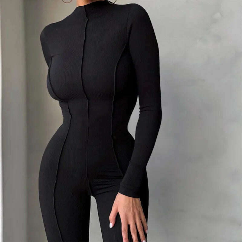 KIMLUD, Women Fall Bright Line Decoration Black Jumpsuit Women One Piece Sexy Club Outfit For Women Long Sleeve White Bodycon Jumpsuits, KIMLUD Womens Clothes