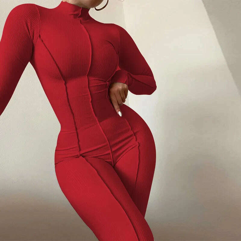 KIMLUD, Women Fall Bright Line Decoration Black Jumpsuit Women One Piece Sexy Club Outfit For Women Long Sleeve White Bodycon Jumpsuits, KIMLUD Womens Clothes