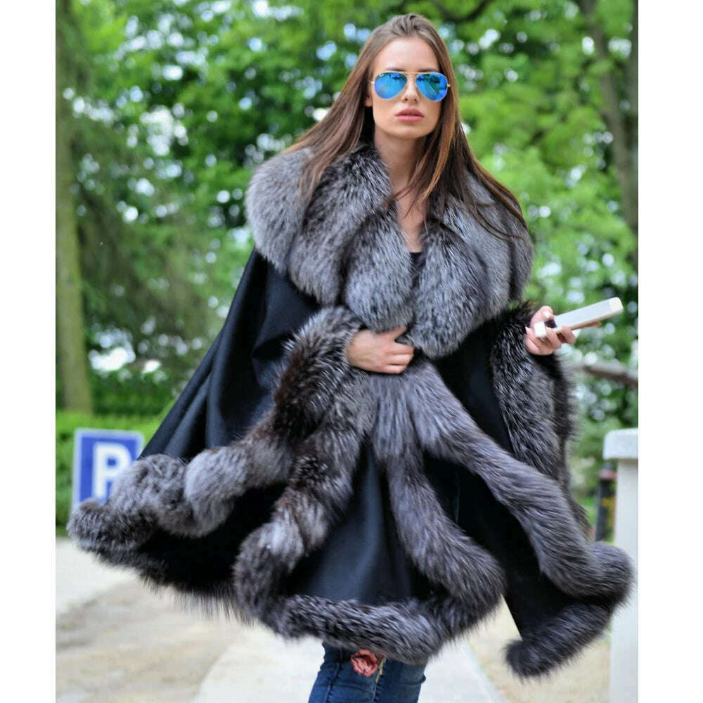 KIMLUD, Women Fashion Cashmere Capes with Silver Fox Fur Collar Natural Woman Fox Fur Wool Blends Capes Female Winter Overcoats Luxury, KIMLUD Womens Clothes