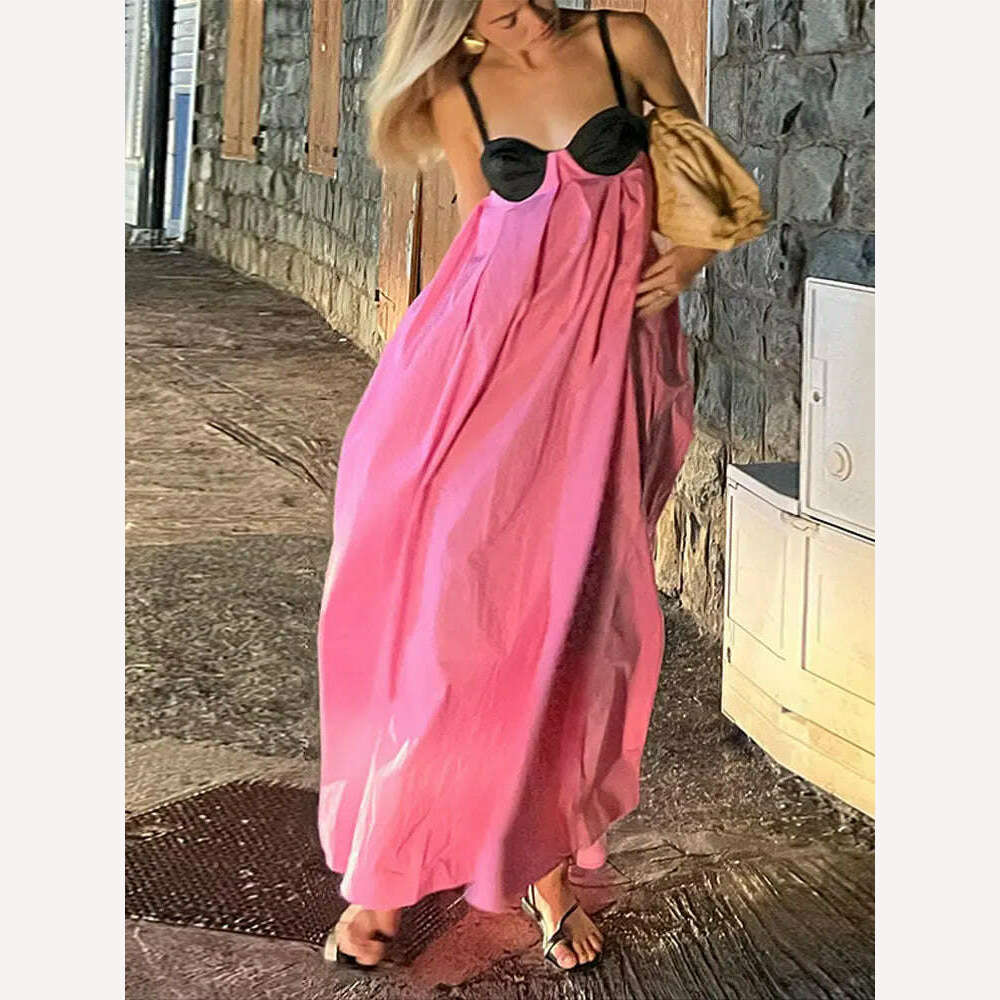 KIMLUD, Women Fashion Color Matching Halter Maxi Dress Ladies Sexy Backless Off Shoulder Sleeveless Dresses Female party Holiday Robes, pink / S, KIMLUD Women's Clothes