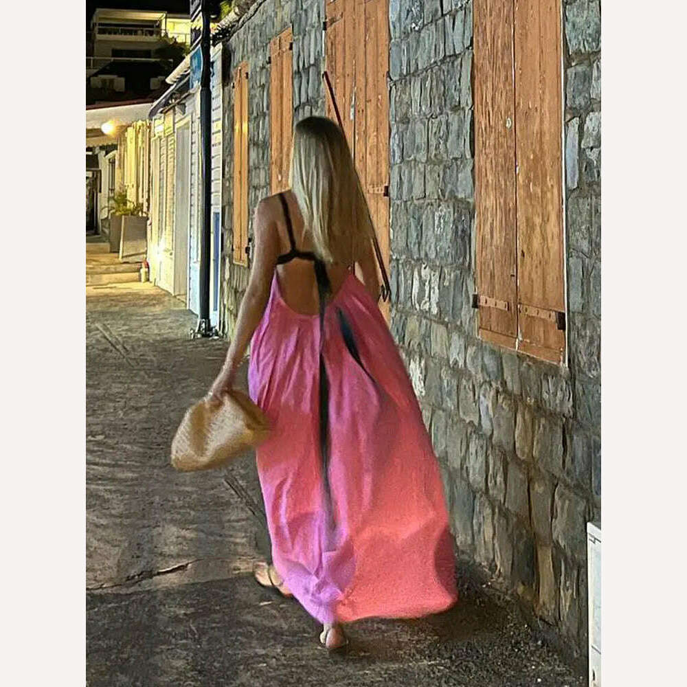 KIMLUD, Women Fashion Color Matching Halter Maxi Dress Ladies Sexy Backless Off Shoulder Sleeveless Dresses Female party Holiday Robes, KIMLUD Womens Clothes