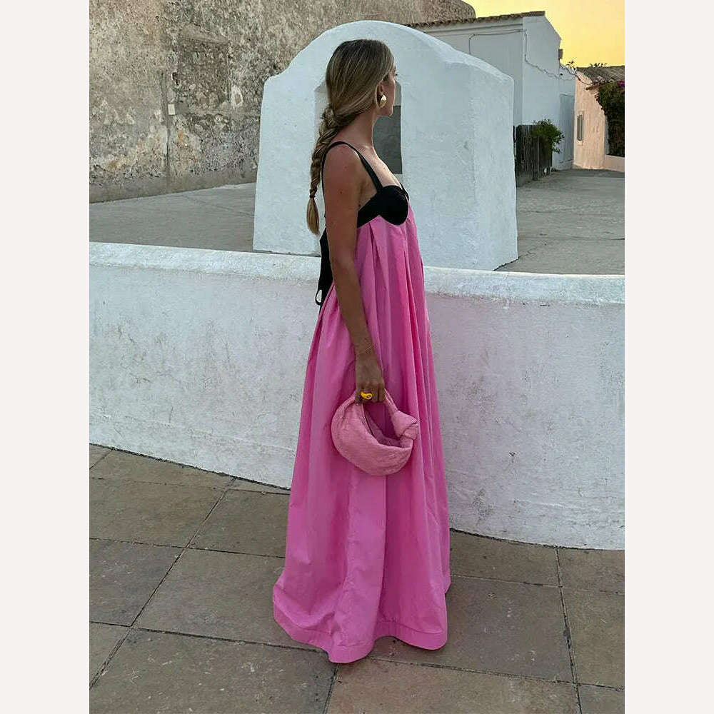 KIMLUD, Women Fashion Color Matching Halter Maxi Dress Ladies Sexy Backless Off Shoulder Sleeveless Dresses Female party Holiday Robes, KIMLUD Womens Clothes