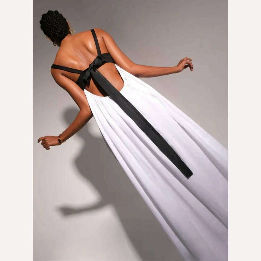 KIMLUD, Women Fashion Color Matching Halter Maxi Dress Ladies Sexy Backless Off Shoulder Sleeveless Dresses Female party Holiday Robes, KIMLUD Womens Clothes