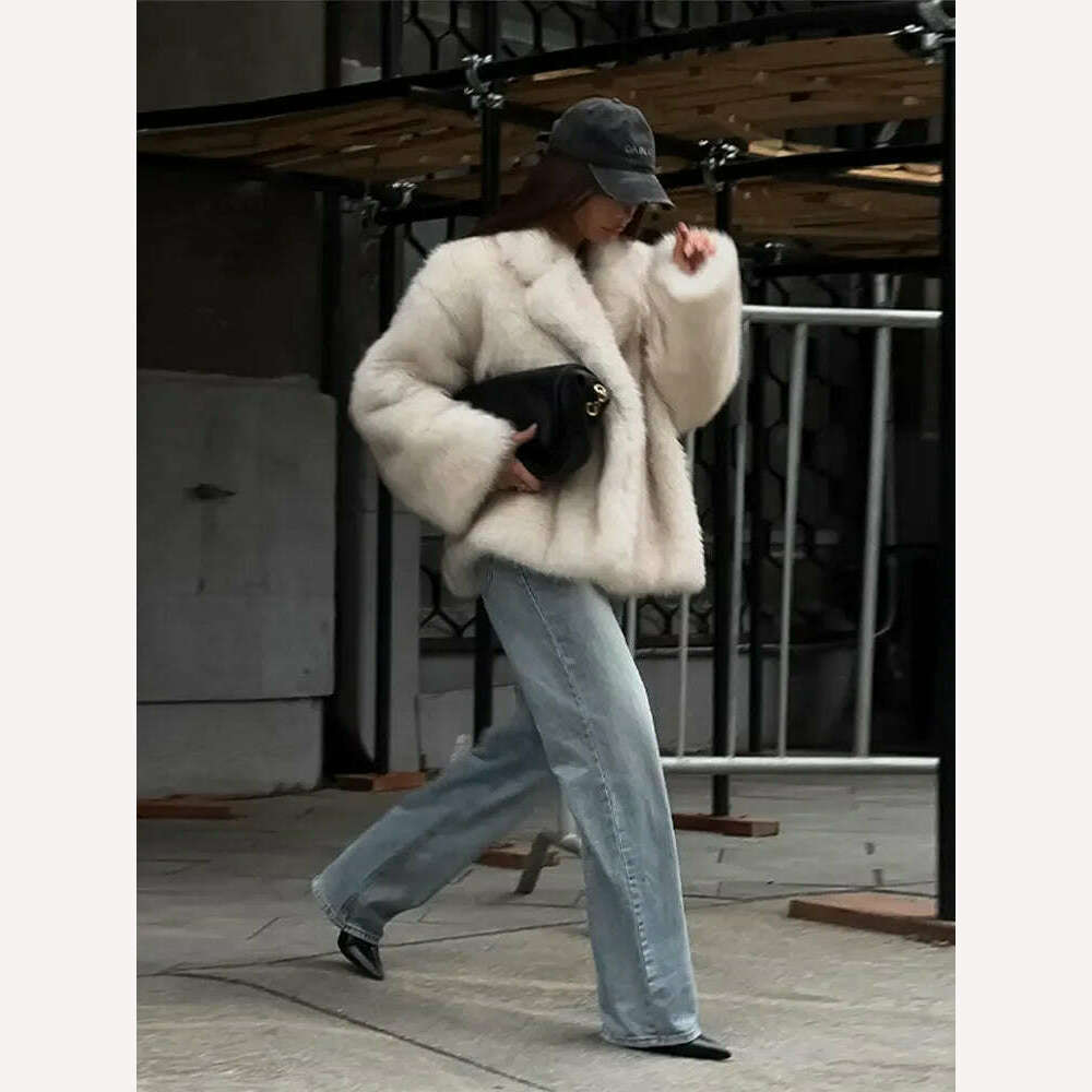 KIMLUD, Women Fashion Faux Fur Coats Vintage Solid Lapel Loose Long Sleeve Warm Flurry Coats 2024 Winter Lady Fashion Thicken Streetwear, KIMLUD Womens Clothes