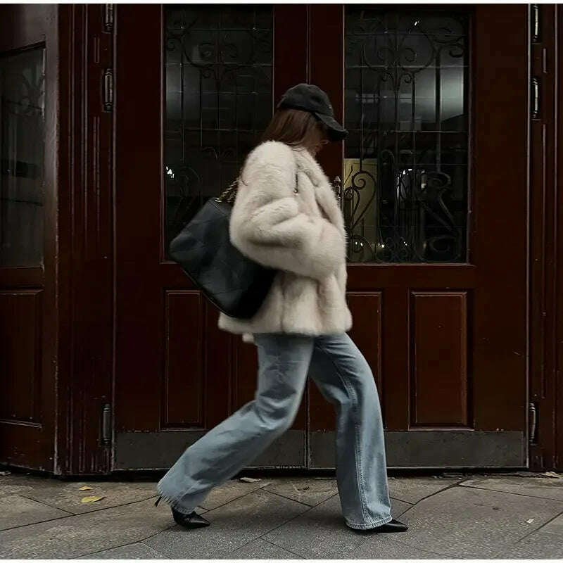 KIMLUD, Women Fashion Faux Fur Coats Vintage Solid Lapel Loose Long Sleeve Warm Flurry Coats 2024 Winter Lady Fashion Thicken Streetwear, Apricot / S, KIMLUD APPAREL - Womens Clothes