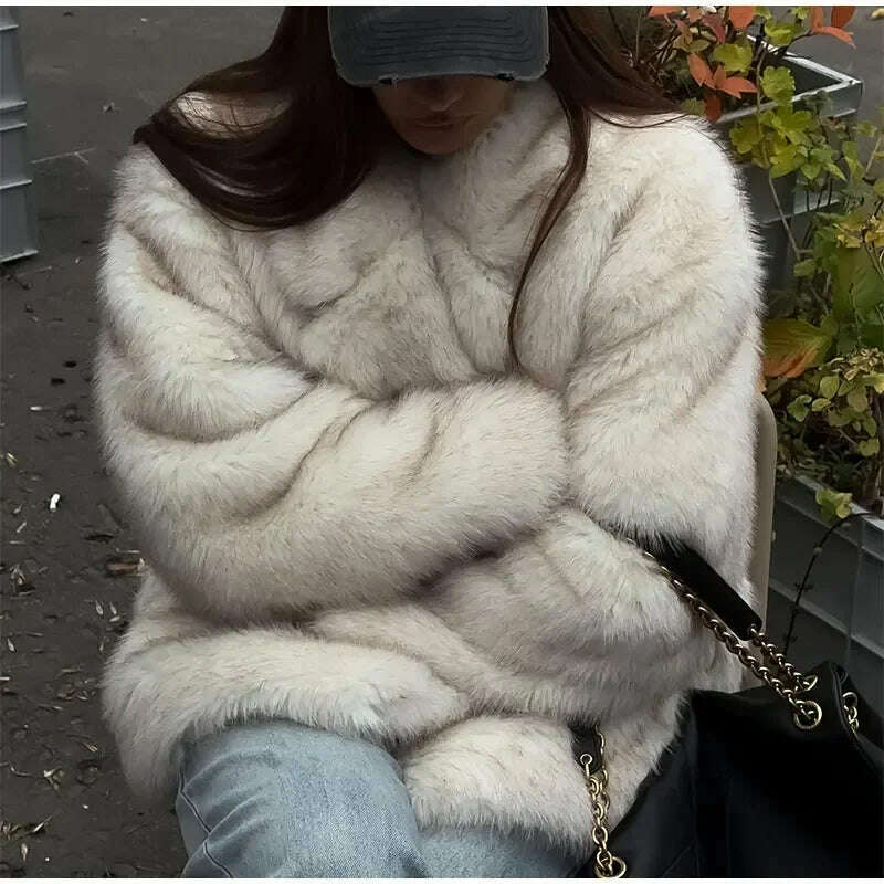 KIMLUD, Women Fashion Faux Fur Coats Vintage Solid Lapel Loose Long Sleeve Warm Flurry Coats 2024 Winter Lady Fashion Thicken Streetwear, KIMLUD Womens Clothes