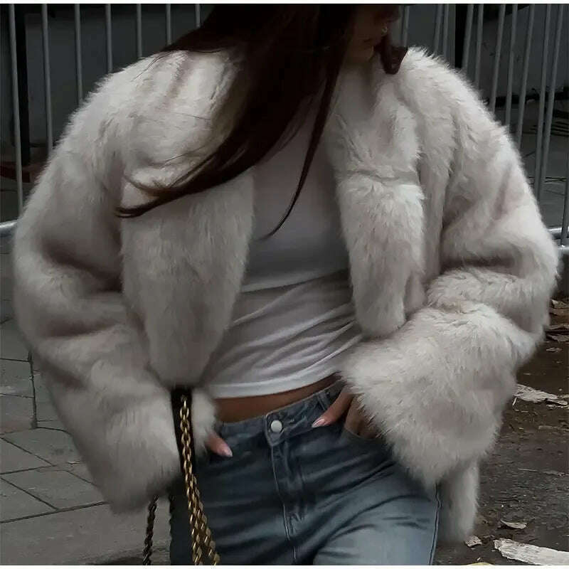 KIMLUD, Women Fashion Faux Fur Coats Vintage Solid Lapel Loose Long Sleeve Warm Flurry Coats 2024 Winter Lady Fashion Thicken Streetwear, KIMLUD Womens Clothes