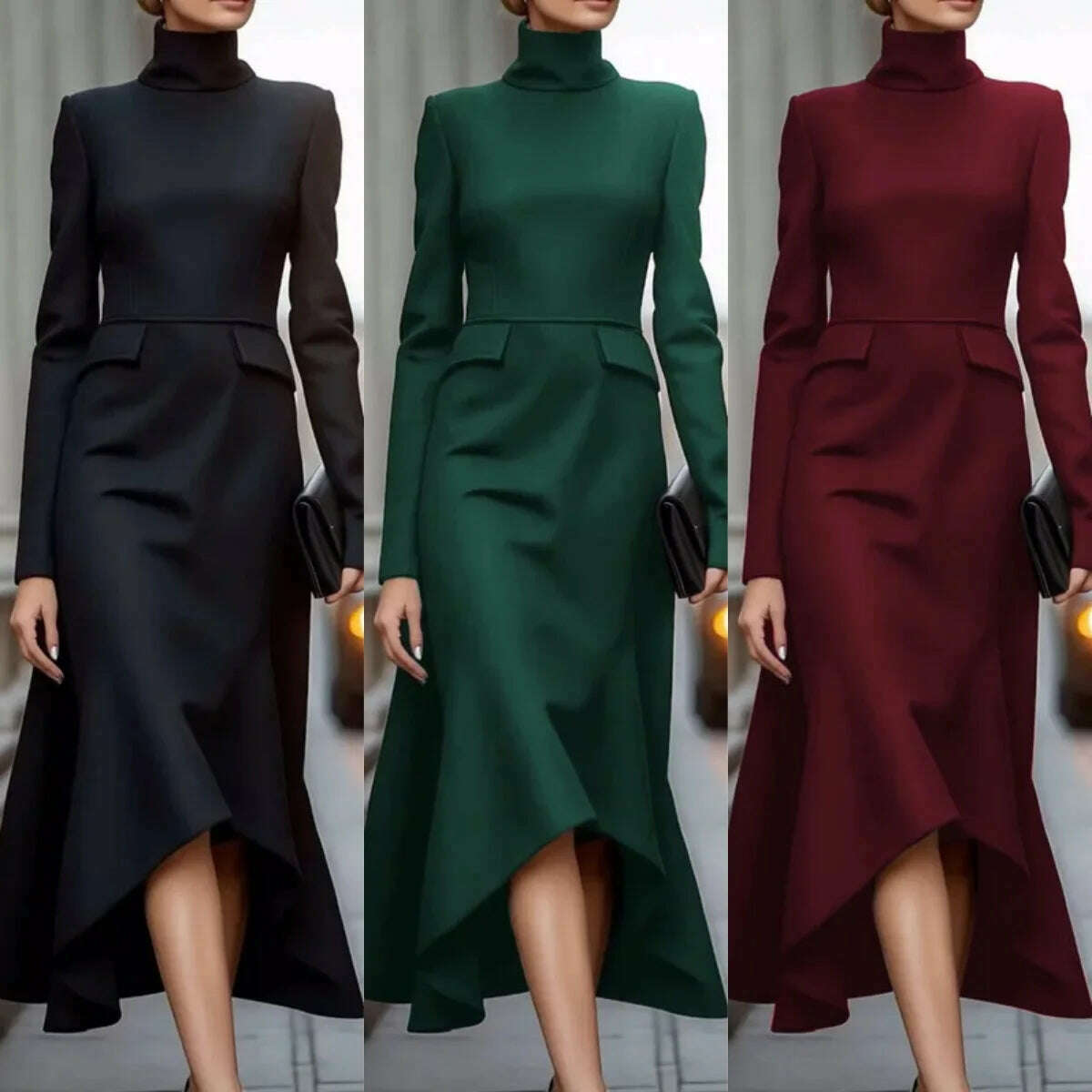 KIMLUD, Women Fashion Formal Commute Dress High Neck 2025 New Long Sleeve Vestidos Spring Fall Elegant Church Dresses Evening Party Robe, KIMLUD Womens Clothes