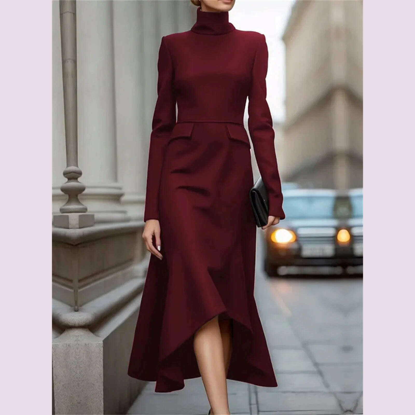 KIMLUD, Women Fashion Formal Commute Dress High Neck 2025 New Long Sleeve Vestidos Spring Fall Elegant Church Dresses Evening Party Robe, Claret / XXL, KIMLUD APPAREL - Womens Clothes