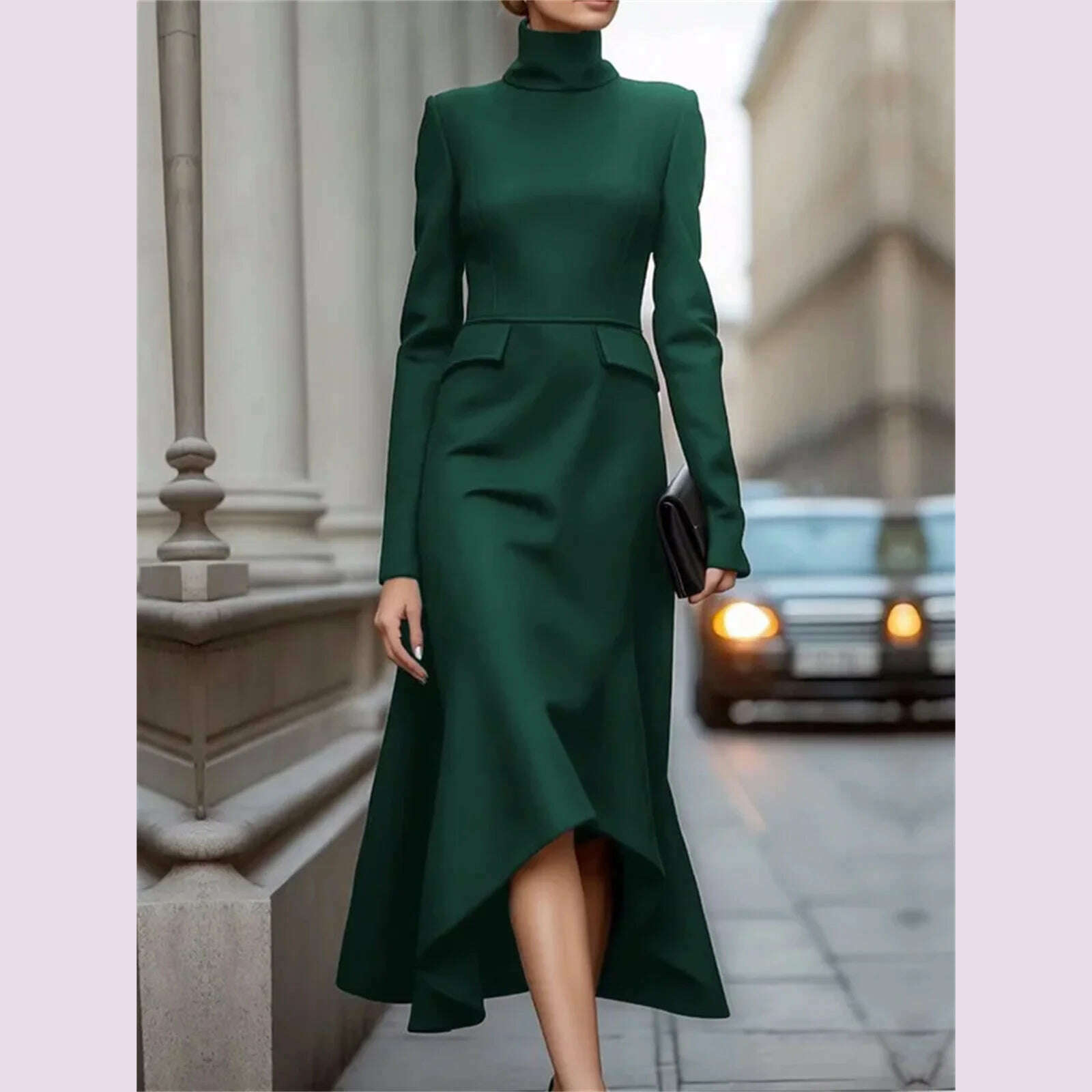 KIMLUD, Women Fashion Formal Commute Dress High Neck 2025 New Long Sleeve Vestidos Spring Fall Elegant Church Dresses Evening Party Robe, green / M, KIMLUD APPAREL - Womens Clothes
