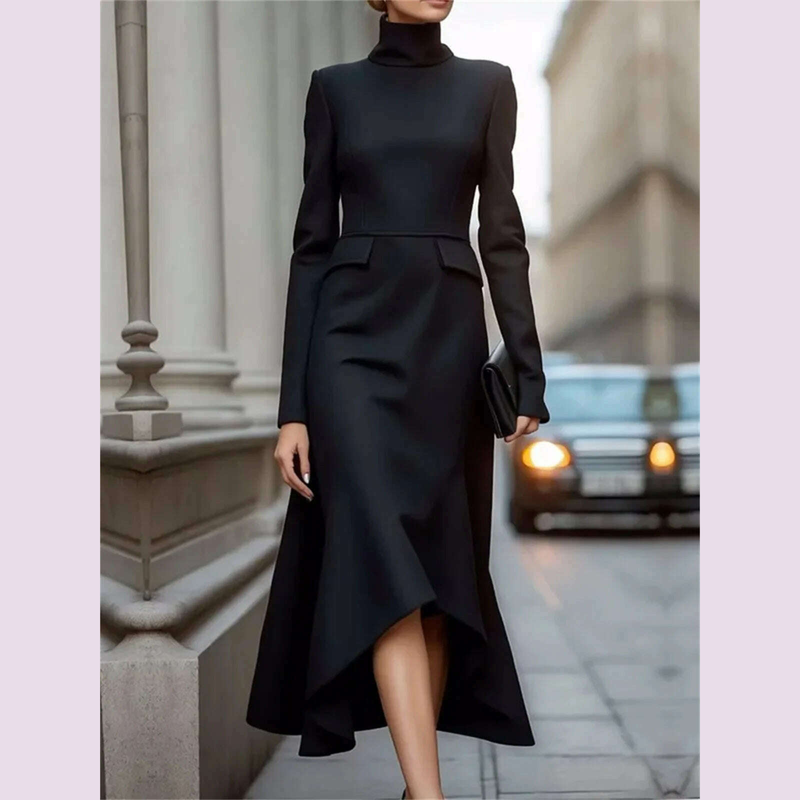 KIMLUD, Women Fashion Formal Commute Dress High Neck 2025 New Long Sleeve Vestidos Spring Fall Elegant Church Dresses Evening Party Robe, black / XXL, KIMLUD APPAREL - Womens Clothes