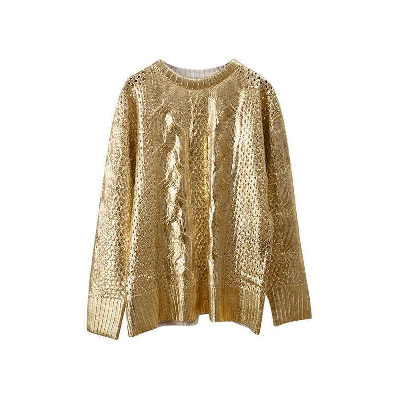 KIMLUD, Women Fashion Golden Ribbing Knitted Sweaters Round Neck Long Sleeved Spliced Jumper Tops Chic Female Thick Warm Pullover 2023, KIMLUD Womens Clothes