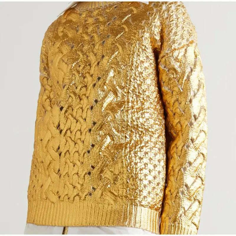 KIMLUD, Women Fashion Golden Ribbing Knitted Sweaters Round Neck Long Sleeved Spliced Jumper Tops Chic Female Thick Warm Pullover 2023, KIMLUD Womens Clothes