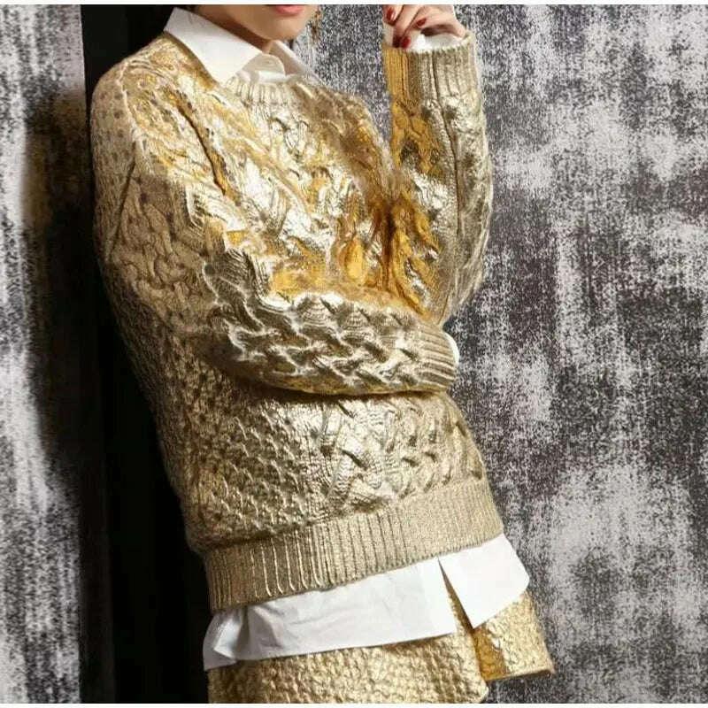 KIMLUD, Women Fashion Golden Ribbing Knitted Sweaters Round Neck Long Sleeved Spliced Jumper Tops Chic Female Thick Warm Pullover 2023, KIMLUD Womens Clothes