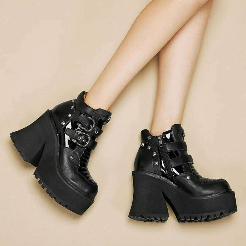 KIMLUD, Women Fashion Metal Buckle Black Classic Boots 10cm Thick Heel Side Zipper High Heel Short Style Trend Heightening Boots Women's, KIMLUD Womens Clothes