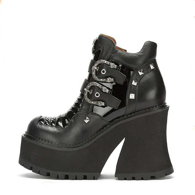 KIMLUD, Women Fashion Metal Buckle Black Classic Boots 10cm Thick Heel Side Zipper High Heel Short Style Trend Heightening Boots Women's, KIMLUD Womens Clothes