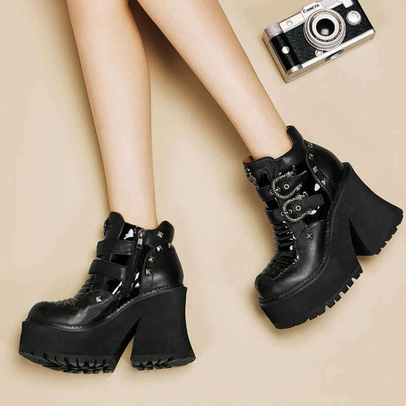 KIMLUD, Women Fashion Metal Buckle Black Classic Boots 10cm Thick Heel Side Zipper High Heel Short Style Trend Heightening Boots Women's, KIMLUD Womens Clothes