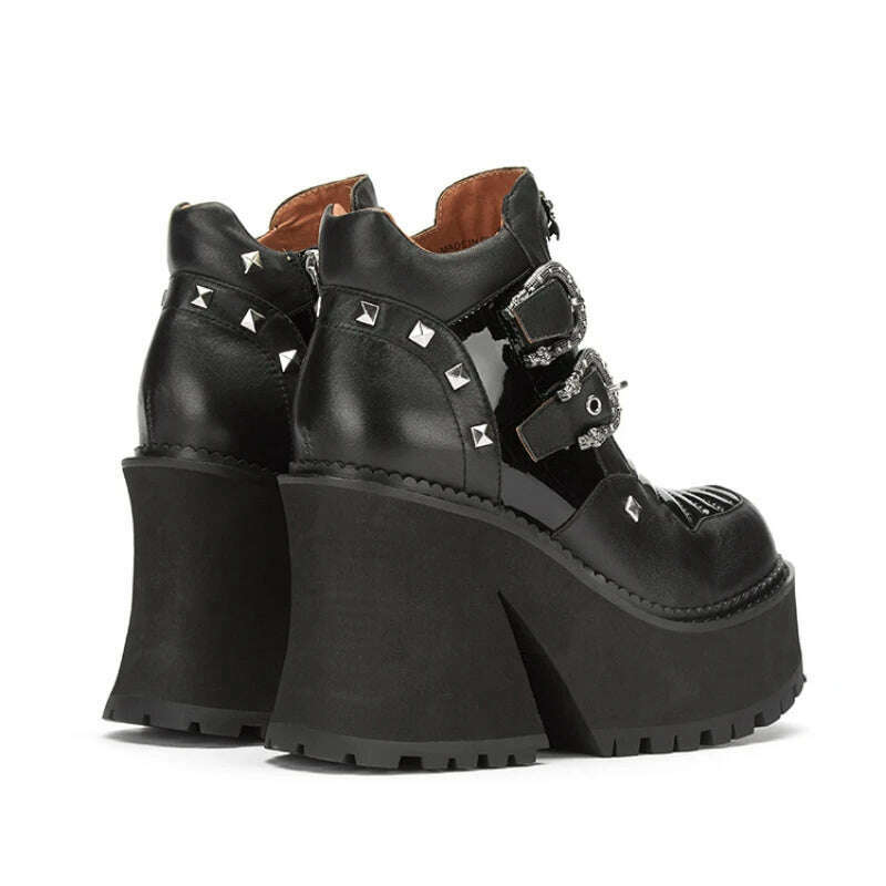 KIMLUD, Women Fashion Metal Buckle Black Classic Boots 10cm Thick Heel Side Zipper High Heel Short Style Trend Heightening Boots Women's, KIMLUD Womens Clothes