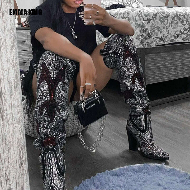 KIMLUD, women fashion over the knee boots Luxurious Crystal Rhinestone Studded Mid Calf Boots Chunky Heels Pointy Shoes Women 2020, KIMLUD Womens Clothes