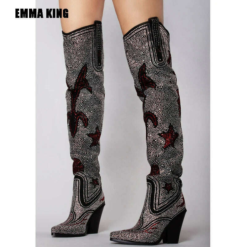 KIMLUD, women fashion over the knee boots Luxurious Crystal Rhinestone Studded Mid Calf Boots Chunky Heels Pointy Shoes Women 2020, KIMLUD Womens Clothes