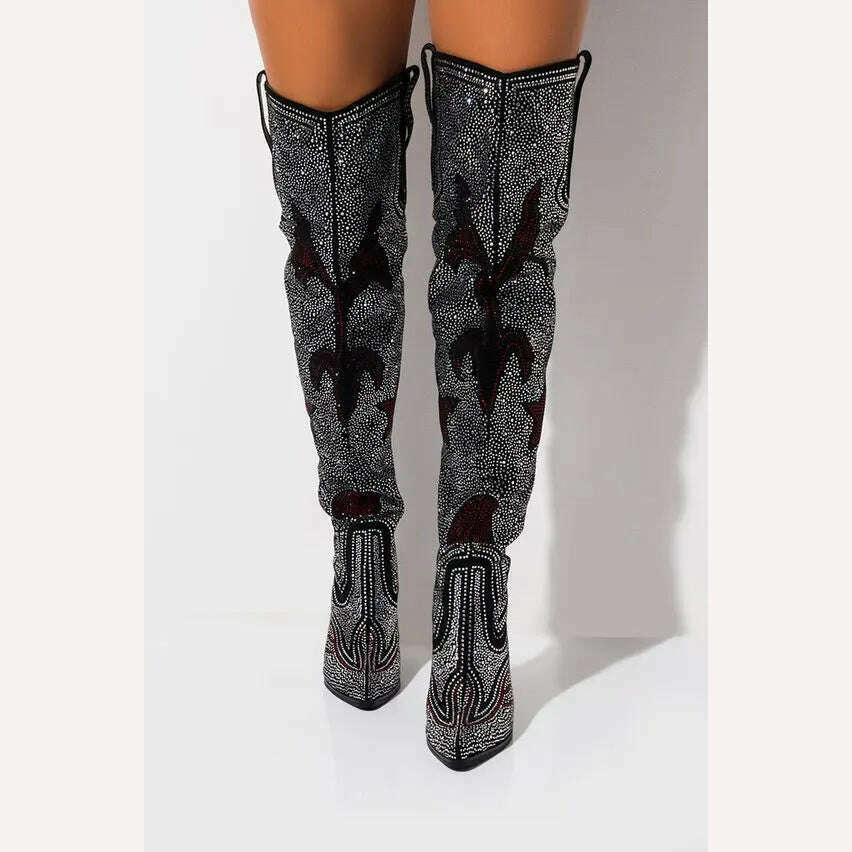 KIMLUD, women fashion over the knee boots Luxurious Crystal Rhinestone Studded Mid Calf Boots Chunky Heels Pointy Shoes Women 2020, KIMLUD Womens Clothes