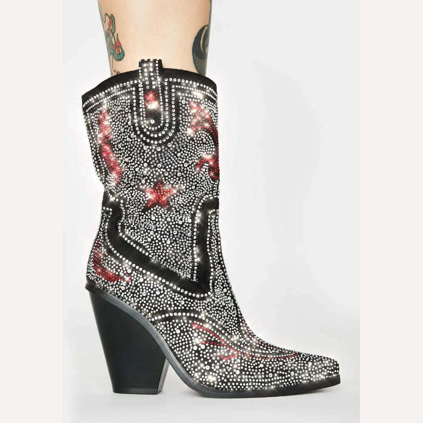 KIMLUD, women fashion over the knee boots Luxurious Crystal Rhinestone Studded Mid Calf Boots Chunky Heels Pointy Shoes Women 2020, KIMLUD Womens Clothes