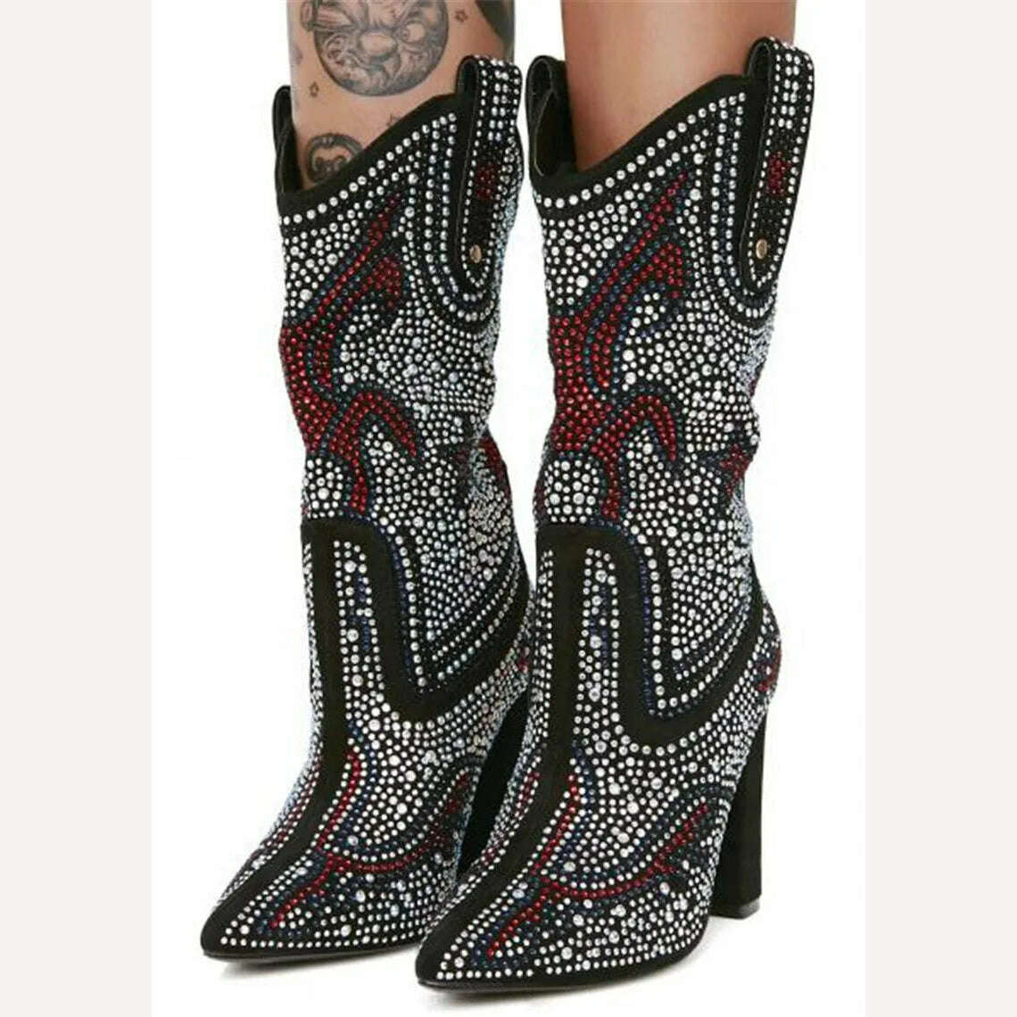 KIMLUD, women fashion over the knee boots Luxurious Crystal Rhinestone Studded Mid Calf Boots Chunky Heels Pointy Shoes Women 2020, KIMLUD Womens Clothes