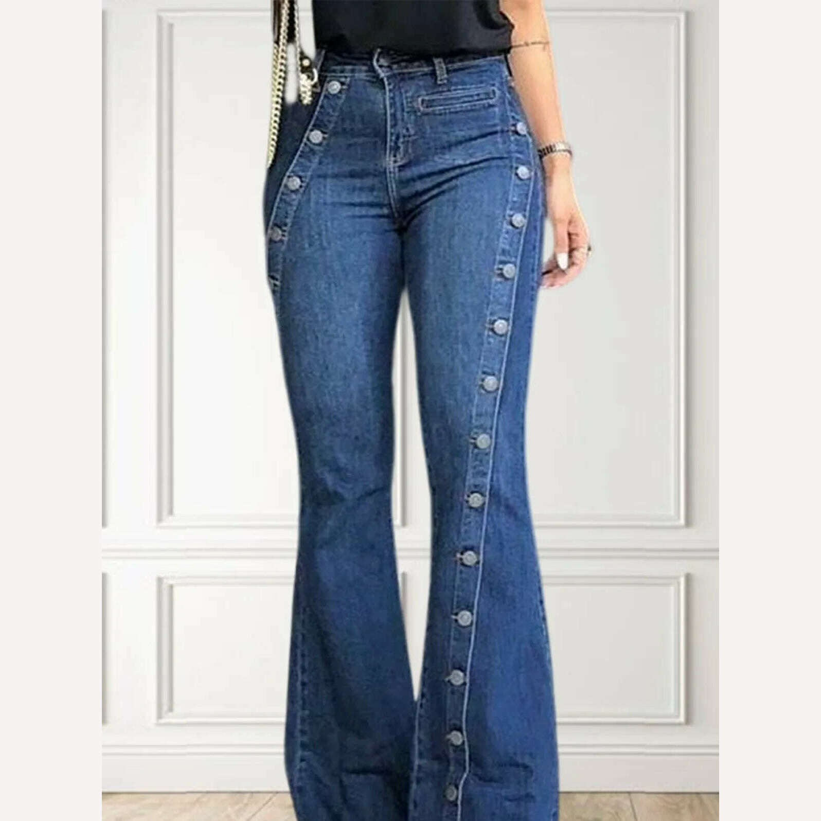 KIMLUD, Women Fashion Plain Button Decor Flare Leg Long Denim Pants Flare Jeans Jeans Ladies High Waist Skinny bottom Wide Leg Jeans, KIMLUD Womens Clothes