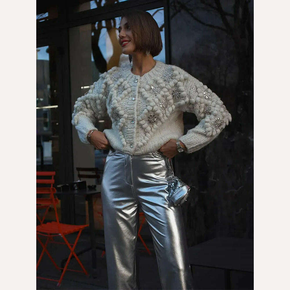KIMLUD, Women Fashion Sequin Knitted 3d Ball White Cardigan Elegant O Neck Long Sleeve Pullover Female Single Breasted Office Sweater, KIMLUD Womens Clothes
