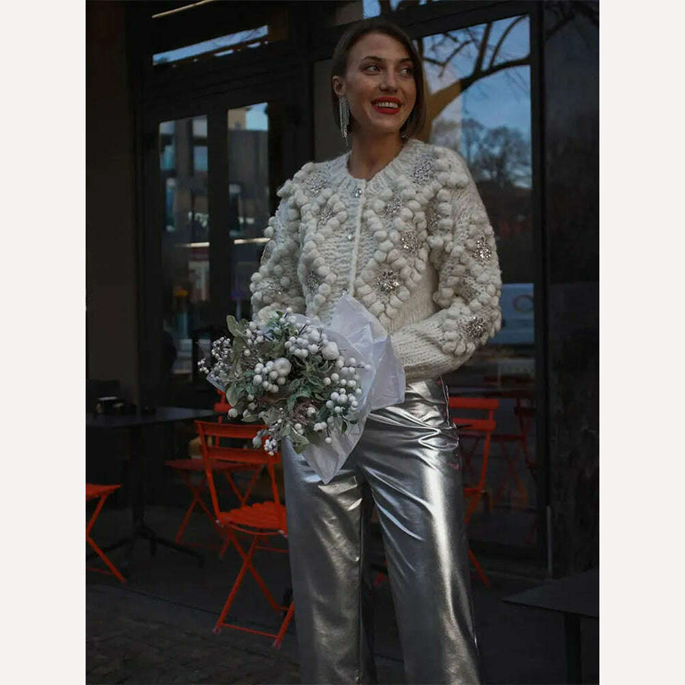 KIMLUD, Women Fashion Sequin Knitted 3d Ball White Cardigan Elegant O Neck Long Sleeve Pullover Female Single Breasted Office Sweater, KIMLUD Womens Clothes