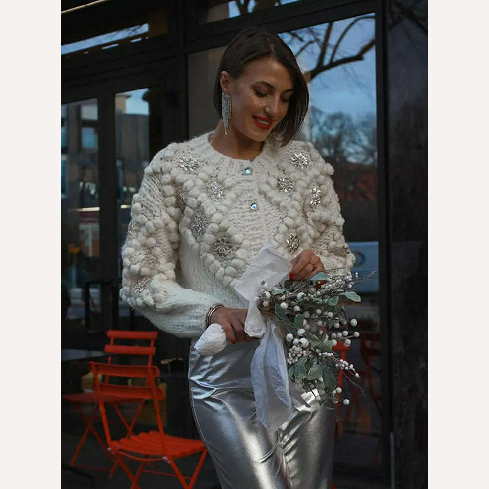 KIMLUD, Women Fashion Sequin Knitted 3d Ball White Cardigan Elegant O Neck Long Sleeve Pullover Female Single Breasted Office Sweater, KIMLUD Womens Clothes