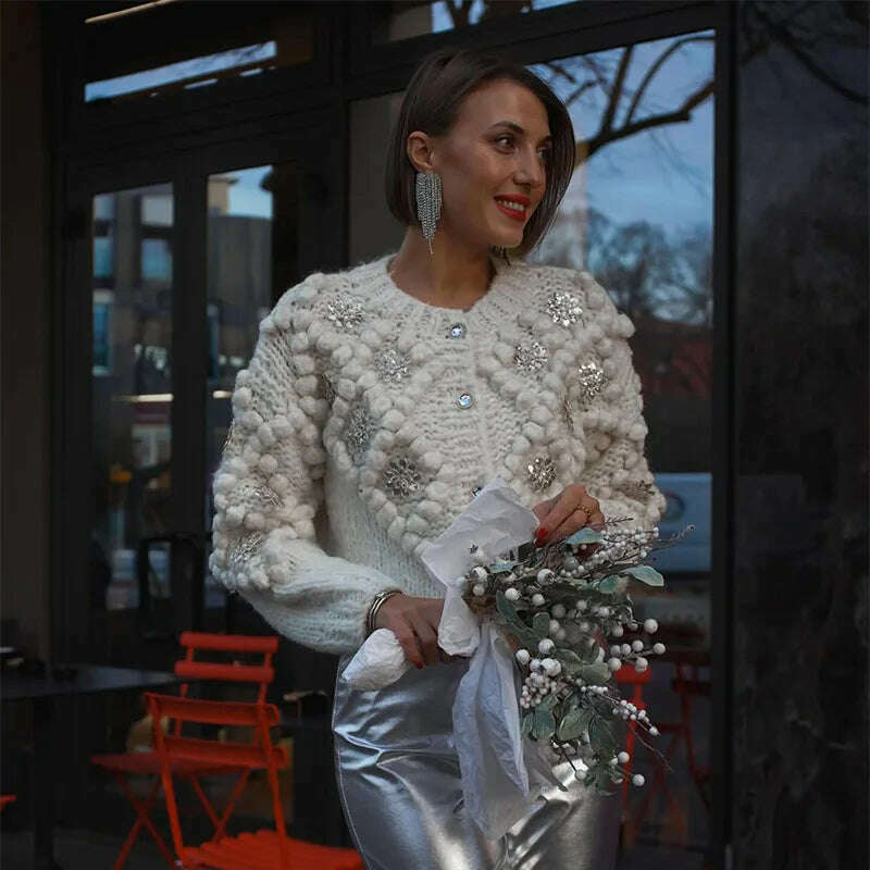 KIMLUD, Women Fashion Sequin Knitted 3d Ball White Cardigan Elegant O Neck Long Sleeve Pullover Female Single Breasted Office Sweater, KIMLUD Womens Clothes