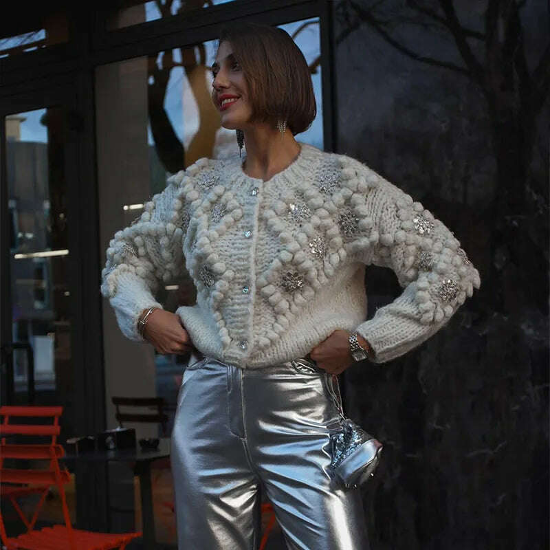 KIMLUD, Women Fashion Sequin Knitted 3d Ball White Cardigan Elegant O Neck Long Sleeve Pullover Female Single Breasted Office Sweater, KIMLUD Womens Clothes