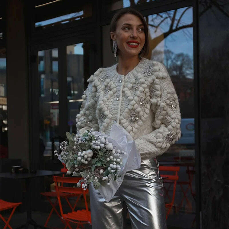 KIMLUD, Women Fashion Sequin Knitted 3d Ball White Cardigan Elegant O Neck Long Sleeve Pullover Female Single Breasted Office Sweater, KIMLUD Womens Clothes
