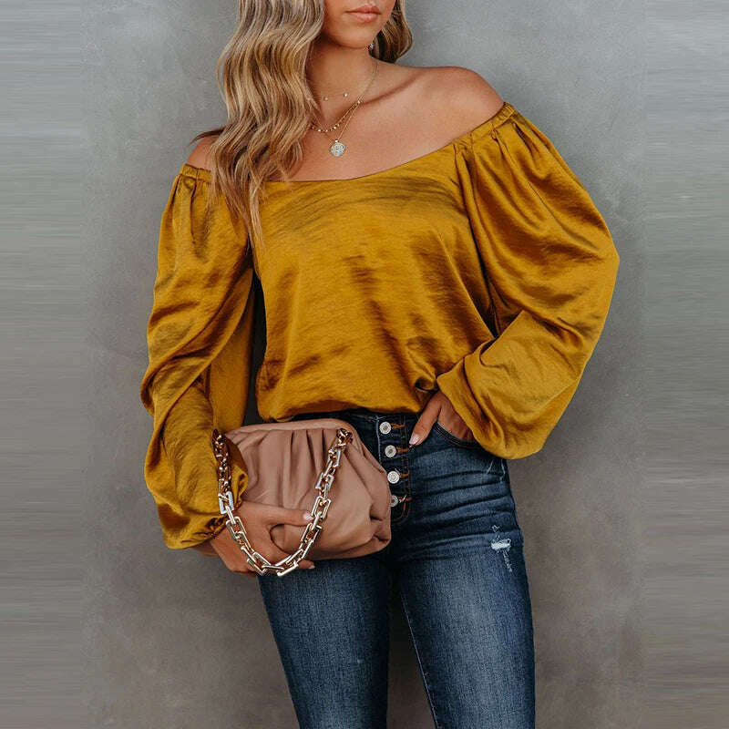 KIMLUD, Women Fashion Solid Color Blouse Spring Casual Sexy Square Collar Backless Tops Pullover Autumn Office Lady Elegant Simple Shirt, Yellow / S, KIMLUD APPAREL - Womens Clothes