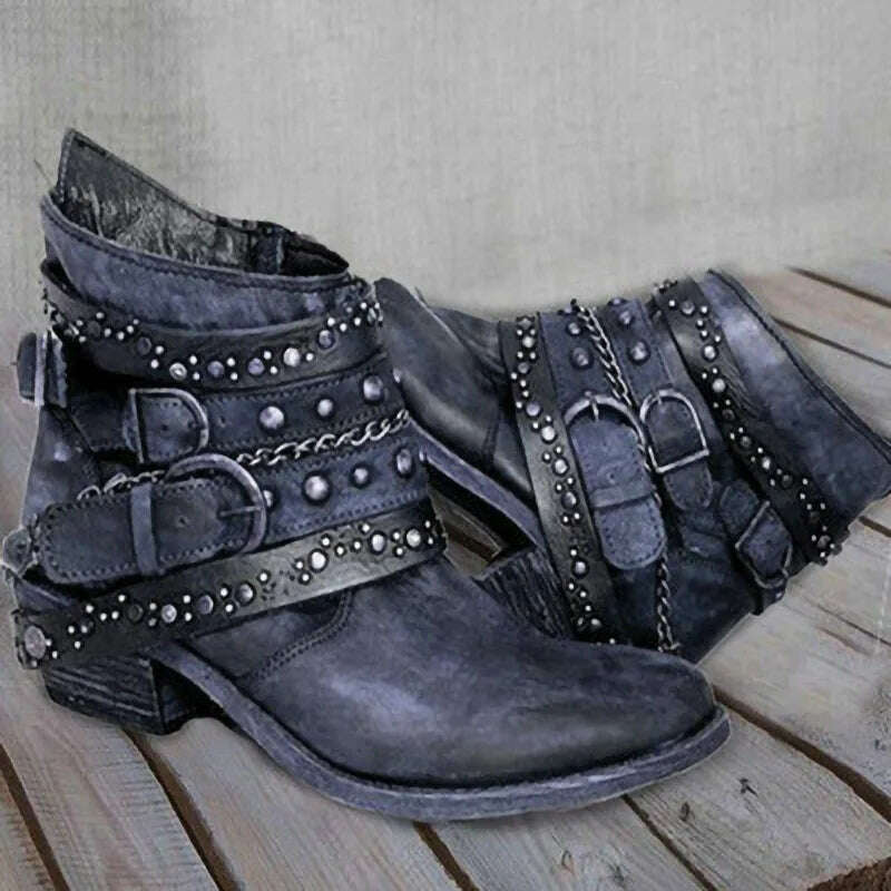 KIMLUD, Women Fashion Vintage Mid Calf Boots Soft Leather Shoes Female Autumn Winter Motorcycle Boots Comfortable Botas Zapatos De Mujer, Blue / 35, KIMLUD APPAREL - Womens Clothes