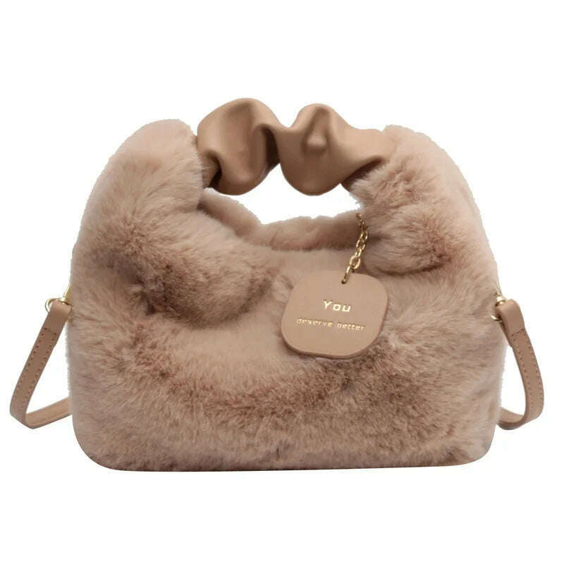 Women Faux Fur Handbags Zipper Small Lady Shoulder Crossbody Bag Casual Tote Half-Moon Hobos Winder - KIMLUD