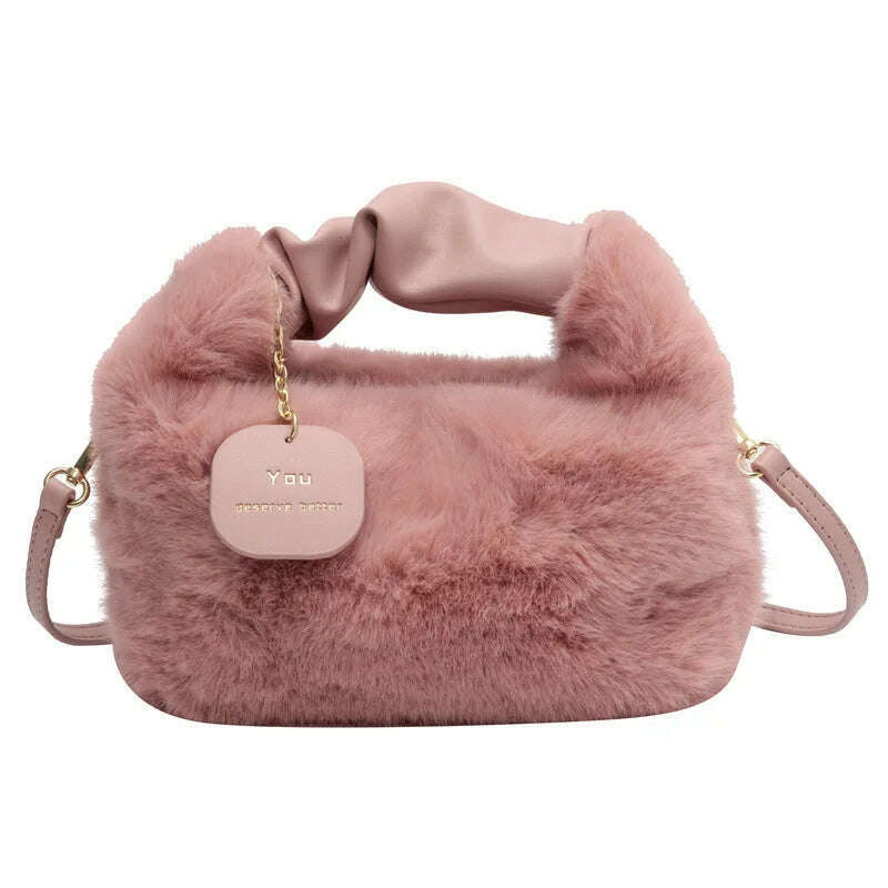 Women Faux Fur Handbags Zipper Small Lady Shoulder Crossbody Bag Casual Tote Half-Moon Hobos Winder - KIMLUD