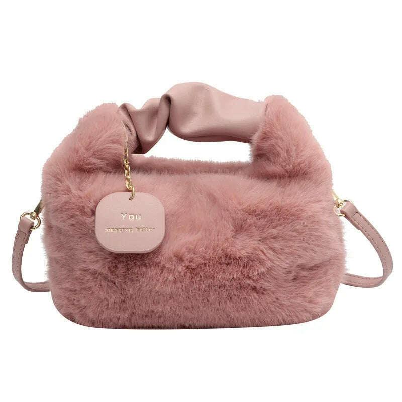 KIMLUD, Women Faux Fur Handbags Zipper Small Lady Shoulder Crossbody Bag Casual Tote Half-Moon Hobos Winder, KIMLUD Womens Clothes