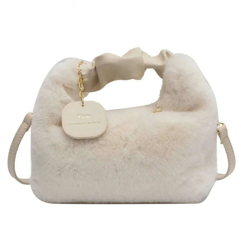 KIMLUD, Women Faux Fur Handbags Zipper Small Lady Shoulder Crossbody Bag Casual Tote Half-Moon Hobos Winder, KIMLUD Womens Clothes