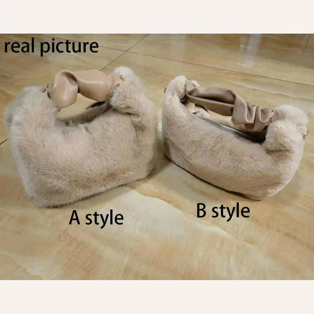 KIMLUD, Women Faux Fur Handbags Zipper Small Lady Shoulder Crossbody Bag Casual Tote Half-Moon Hobos Winder, KIMLUD Womens Clothes