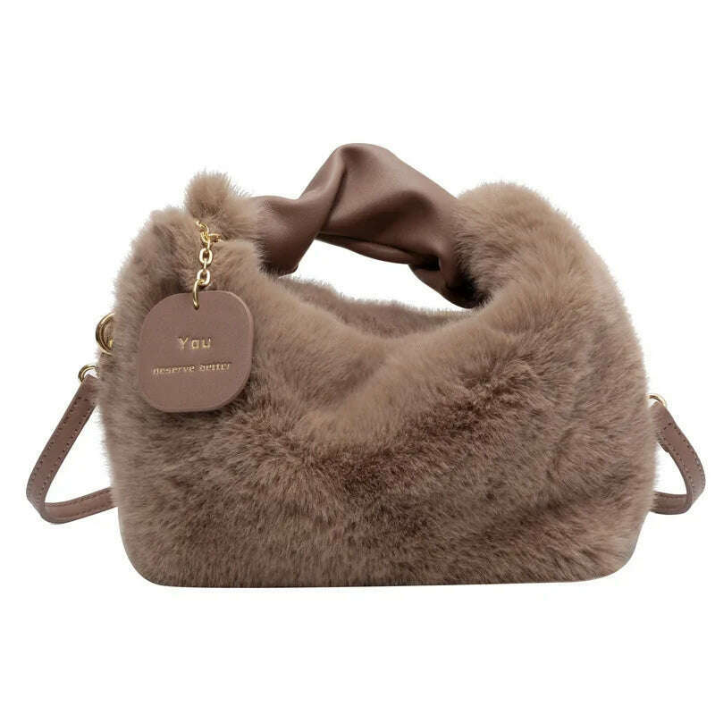Women Faux Fur Handbags Zipper Small Lady Shoulder Crossbody Bag Casual Tote Half-Moon Hobos Winder - KIMLUD