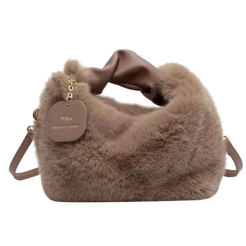 KIMLUD, Women Faux Fur Handbags Zipper Small Lady Shoulder Crossbody Bag Casual Tote Half-Moon Hobos Winder, KIMLUD Womens Clothes