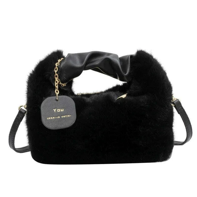 KIMLUD, Women Faux Fur Handbags Zipper Small Lady Shoulder Crossbody Bag Casual Tote Half-Moon Hobos Winder, KIMLUD Womens Clothes