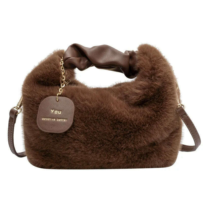 Women Faux Fur Handbags Zipper Small Lady Shoulder Crossbody Bag Casual Tote Half-Moon Hobos Winder - KIMLUD