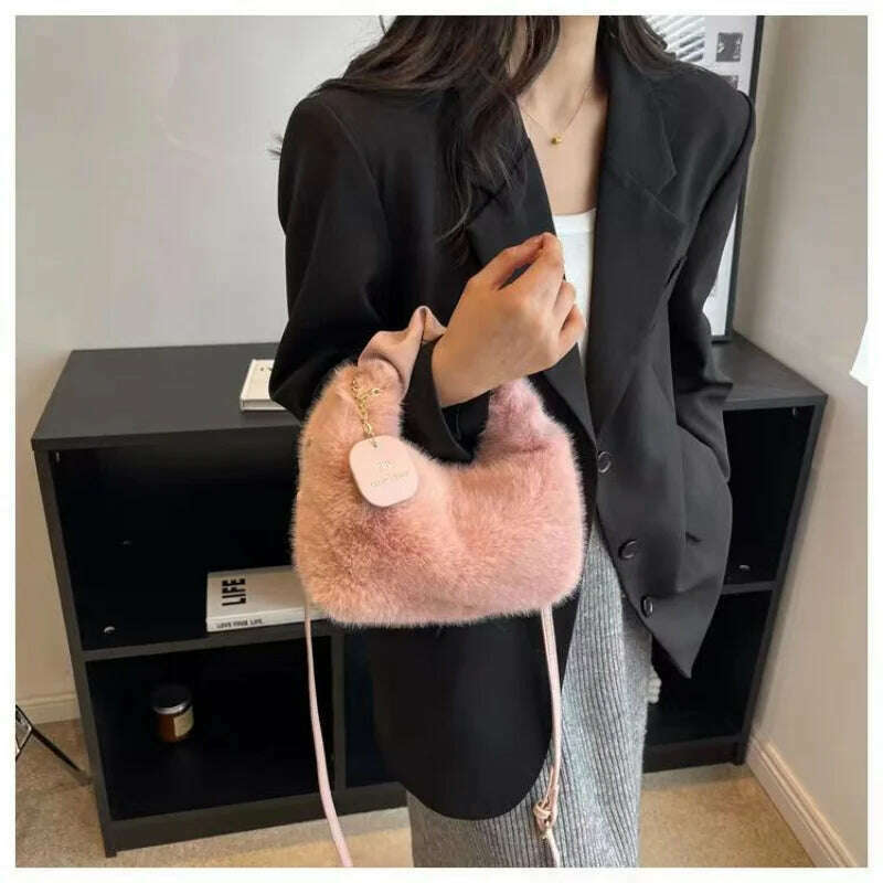 Women Faux Fur Handbags Zipper Small Lady Shoulder Crossbody Bag Casual Tote Half-Moon Hobos Winder - KIMLUD