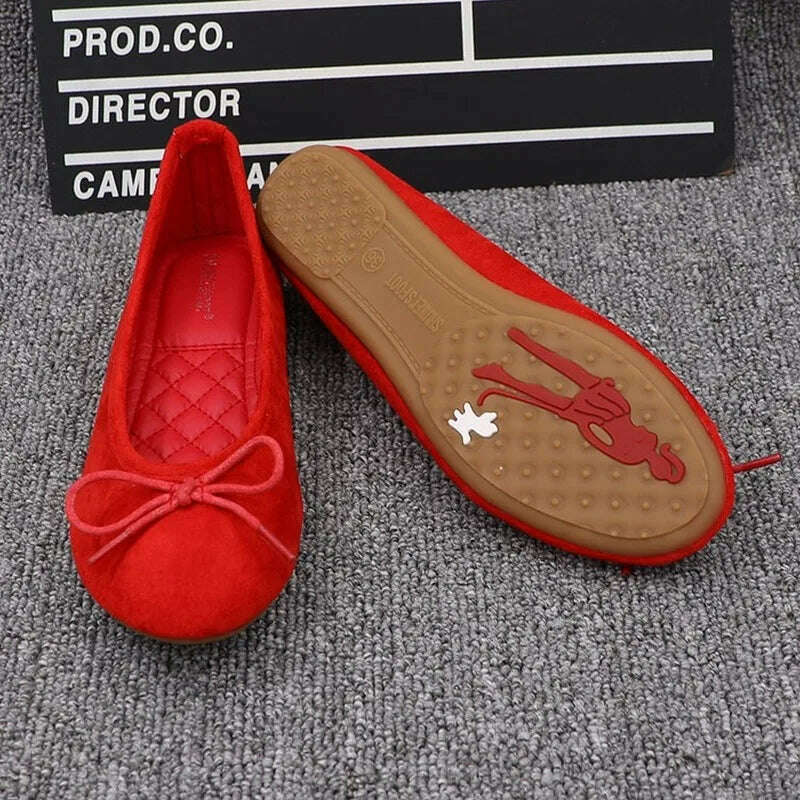 Women Flats Slip on Flat Shoes Round Toe Shallow Butterfly-knot Ballerina Slip on Loafers Faux Suede Lady Ballet Plus Size 35-41 - KIMLUD